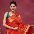 Unstitched one-meter pure Kanjivaram silk blouse fabric in vibrant pink magenta, featuring a handwoven self jaal pattern with a gold border.