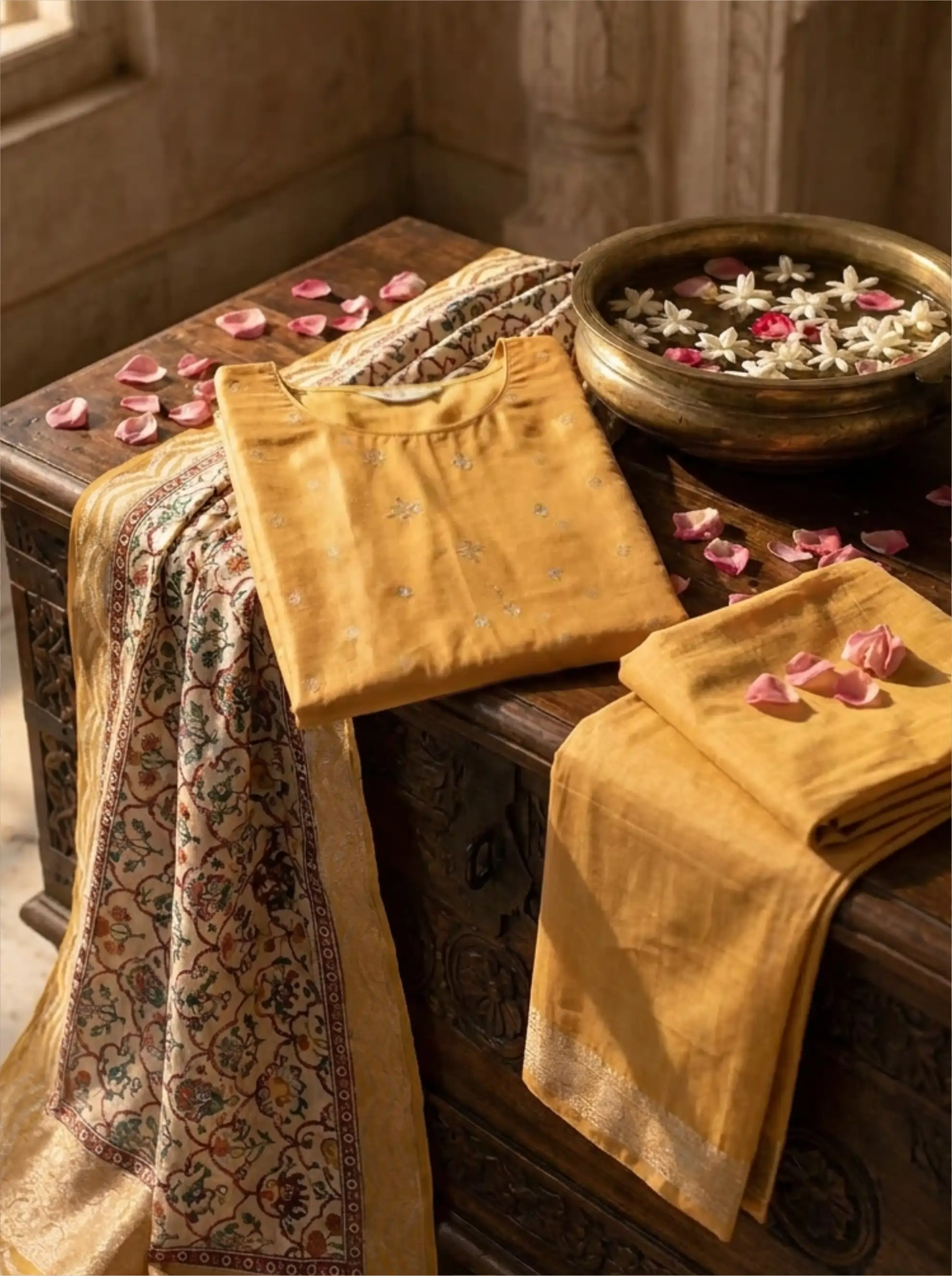 Mango yellow unstitched Banarasi silk suit fabric with a matching Kalamkari dupatta, styled on a wooden surface with rose petals.