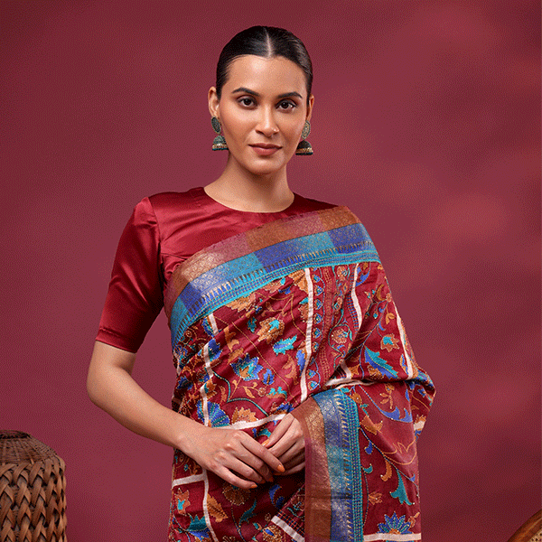 Unstitched one-meter pure Tussar silk blouse fabric featuring elegant stripes and a traditional Kantha embroidered border.