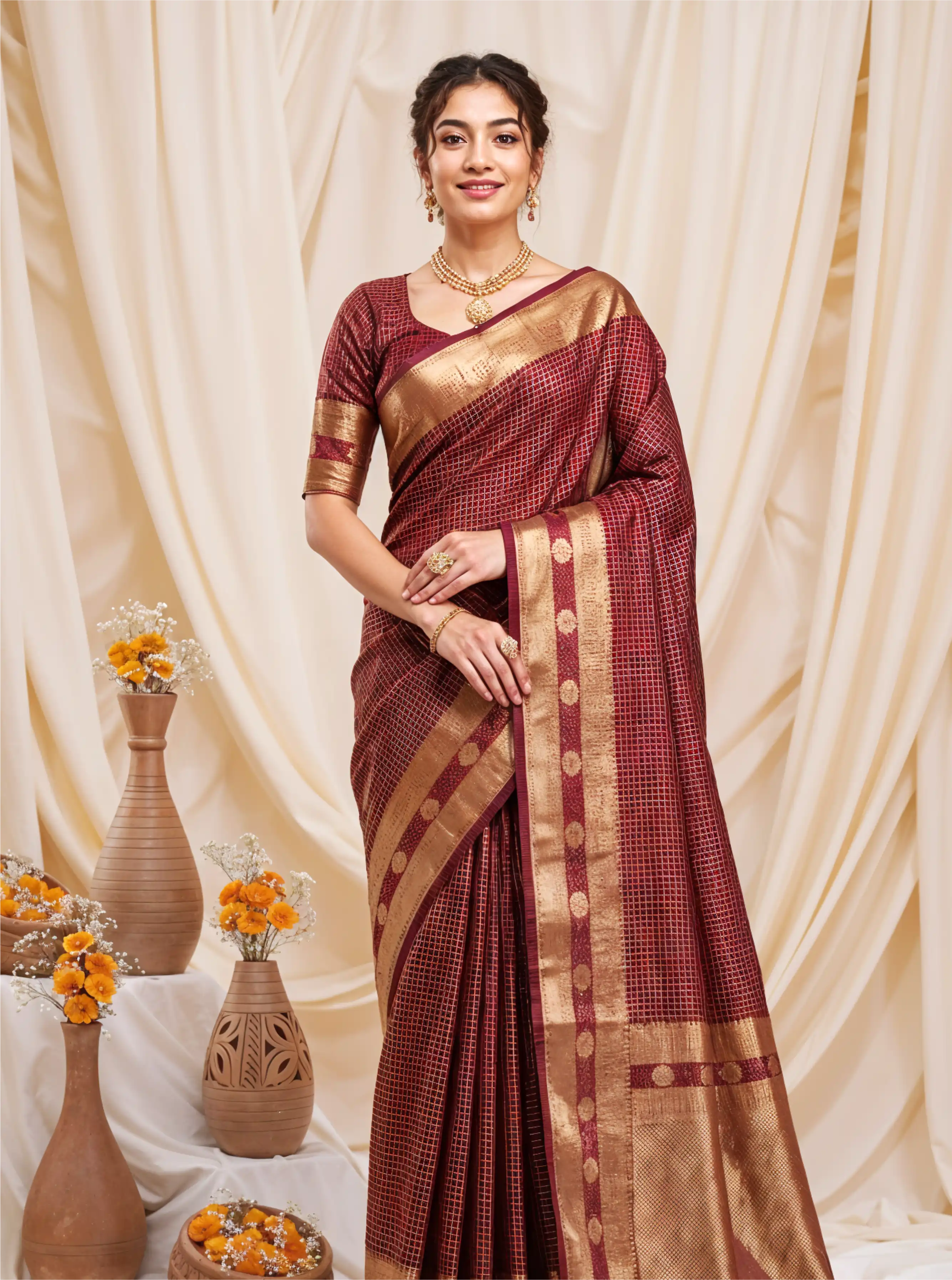 Woman wearing a maroon Handwoven Pure Katan Check Silk Saree with a traditional gold zari border and grid pattern body.