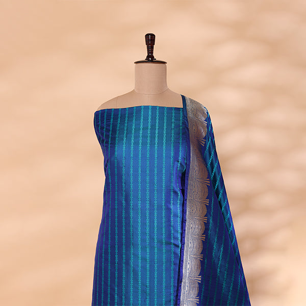 Detailed view of the matching tranquil blue luxury dupatta highlighting its delicately crafted silver border, premium texture, and traditional handwoven artistry.