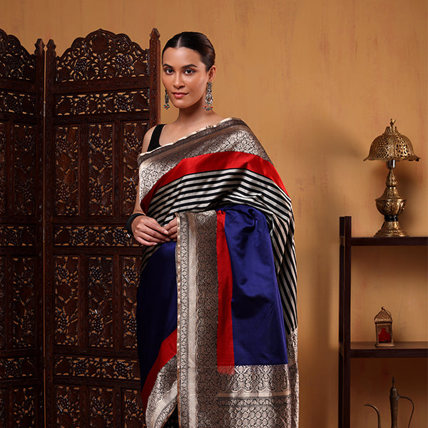 Unstitched one-meter pure silk blouse fabric featuring a traditional gold Zari Boota pattern with a matching silk border.