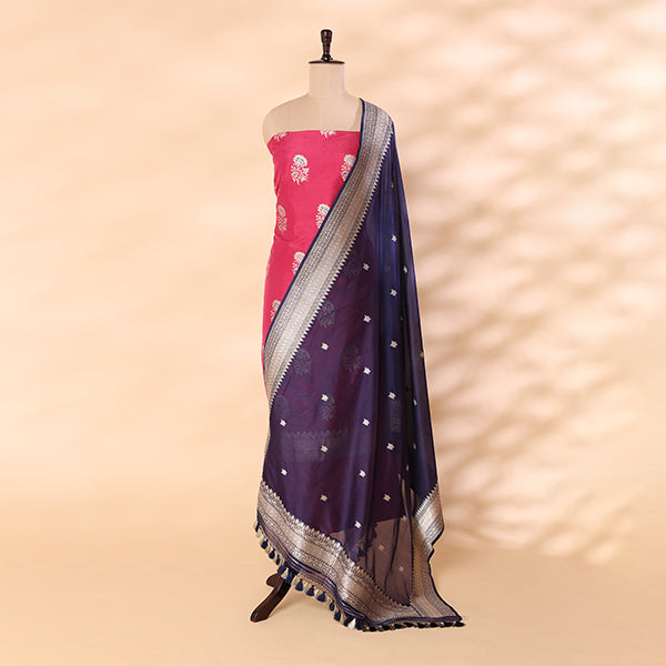 Detailed shot of the deep midnight ocean silk dupatta highlighting the traditional handloom weaving with intricate Resham and Zari work.