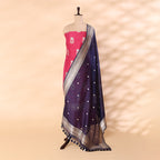 Detailed shot of the deep midnight ocean silk dupatta highlighting the traditional handloom weaving with intricate Resham and Zari work.