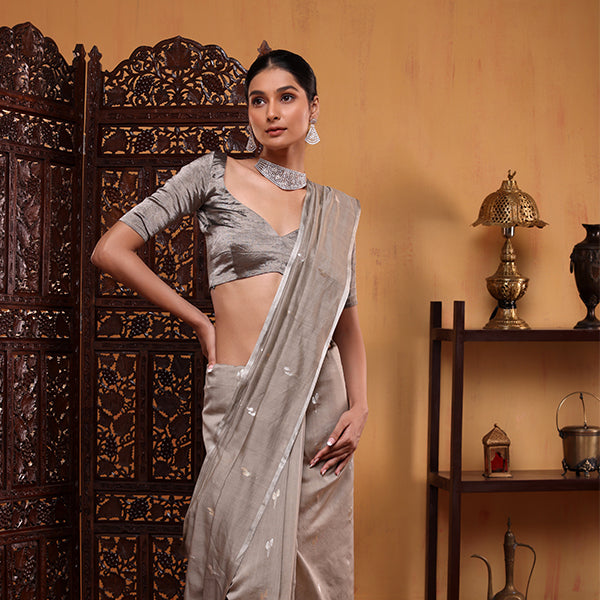 Unstitched 1-meter matching grey cotton blouse material piece featuring the signature full zari border design.