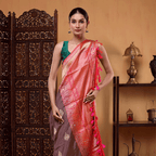 Unstitched 1-meter pure silk blouse material piece in a coordinating color layout with a handwoven decorative border
