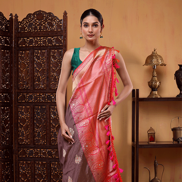 Unstitched 1-meter pure silk blouse material piece in a coordinating color layout with a handwoven decorative border