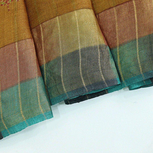 Full flat layout presentation of the 5.5-meter Multi-Colored Kantha Elegance Tussar silk saree showing its complete body and border design.