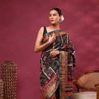Unstitched 1-meter striped blouse material piece featuring a matching multi-colored Kantha embroidery border.