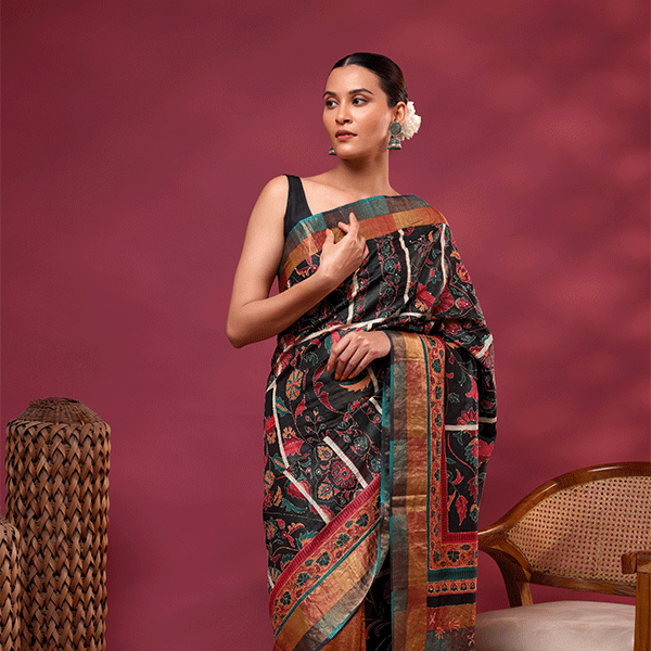 Unstitched 1-meter striped blouse material piece featuring a matching multi-colored Kantha embroidery border.