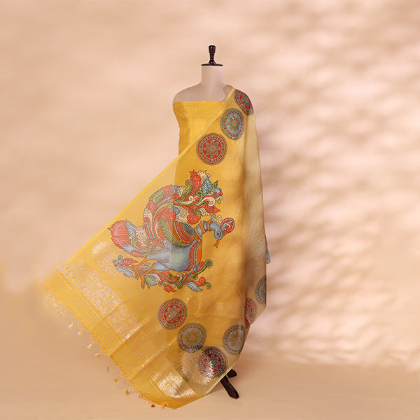 Detailed view of the premium multicolored Kalamkari organza silk dupatta, showcasing traditional Indian art forms and fine borders.