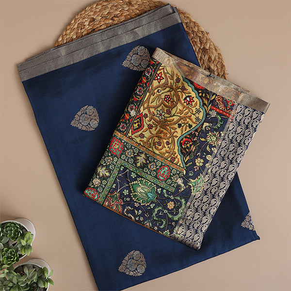 Close-up shot of the vibrant and intricate traditional artwork and motifs on the handcrafted multicoloured Pichwai dupatta.