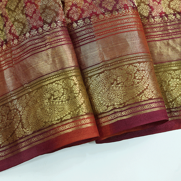 Full flat layout presentation of the 5.5-meter Mystic Elysium China silk saree displaying its complete pattern and border.