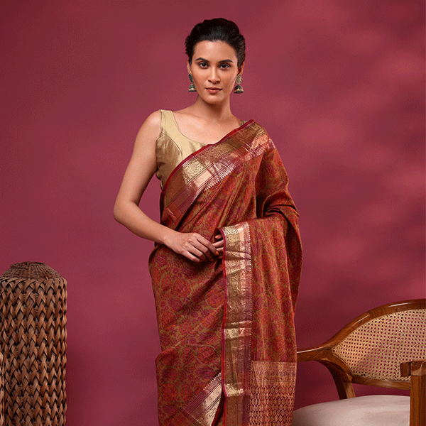 Unstitched 1-meter gold zari full jaal blouse material with a coordinating border layout.