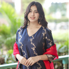 Portrait view of a Navy Blue Handwoven Banarasi Silk Suit showcasing the V-neckline, gold embroidery details, and 3/4 sleeves.