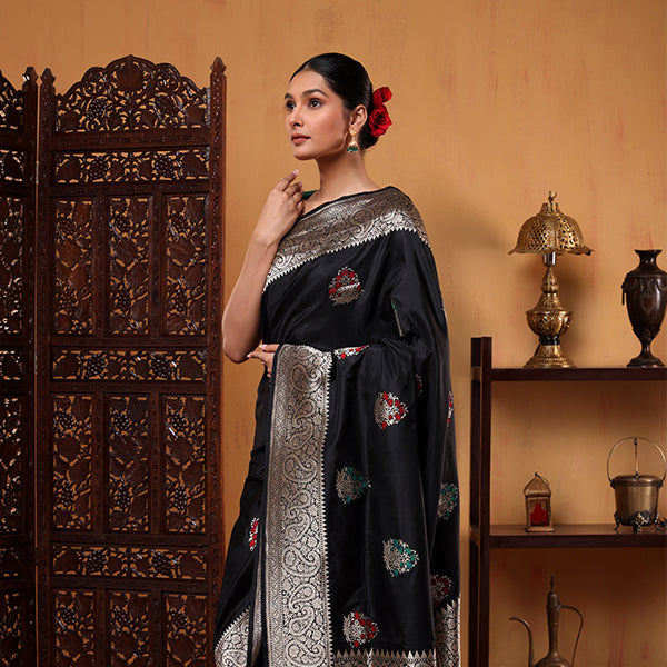 Detailed texture view of the pure handloom Katan silk fabric highlighting its premium sheen and fine weave quality.
