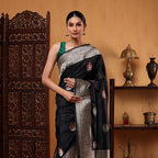 Front view of the handwoven Oceanic Elegance Katan silk saree showcasing its rich ocean blue body and intricate gold zari borders.