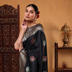 Unstitched un-dyed matching ocean blue Katan silk blouse piece featuring a coordinating decorative gold zari border.