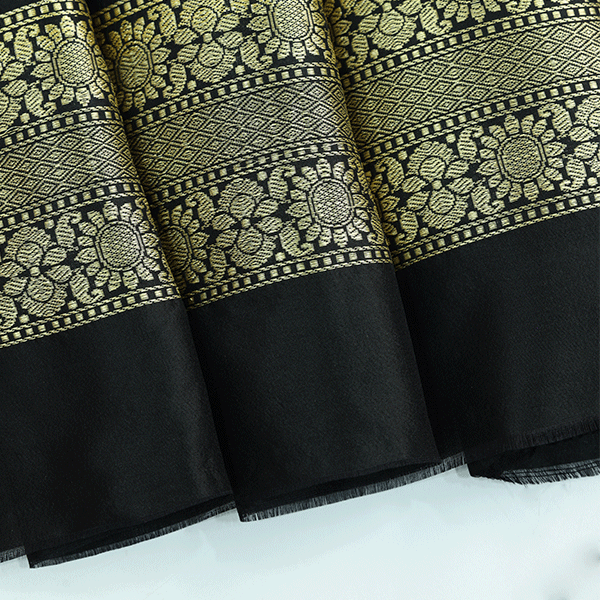 Full flat lay view of the 5.5-meter handwoven Opulent Zari Stripe Banarasi silk saree displaying its entire length and craftsmanship.