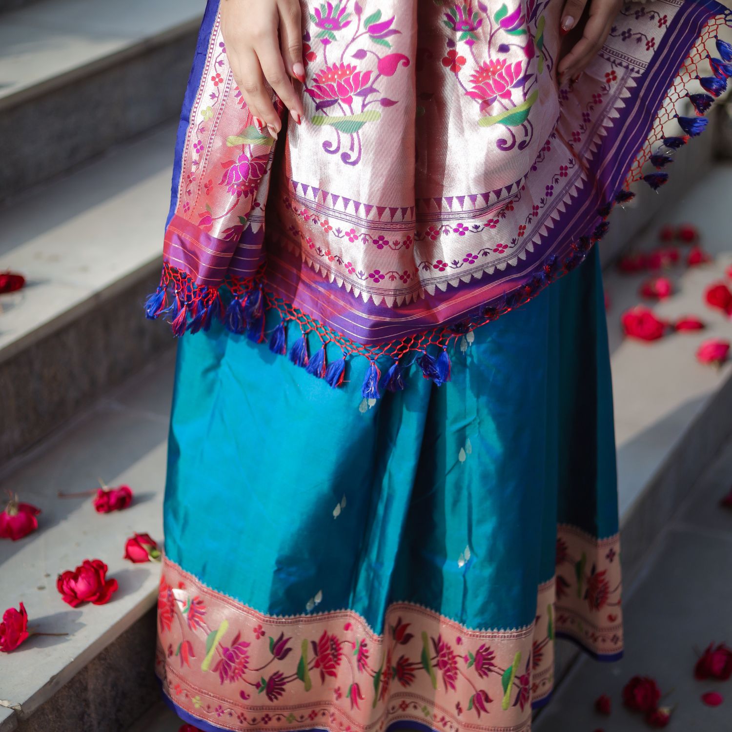 Paithani katan silk saree with rich weaving and floral border for women