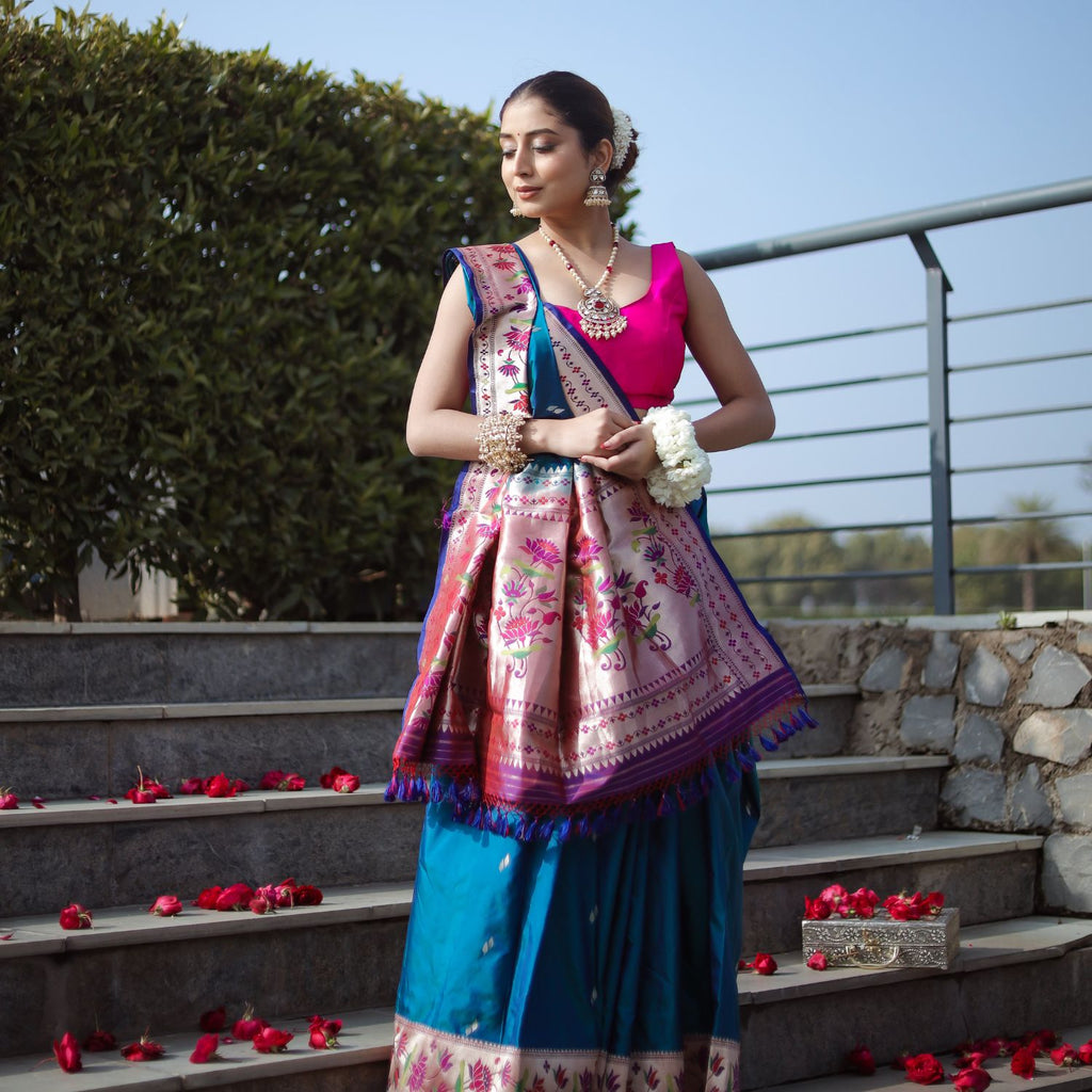 Paithani silk saree with gold border and smooth silk fabric for ethnic wear