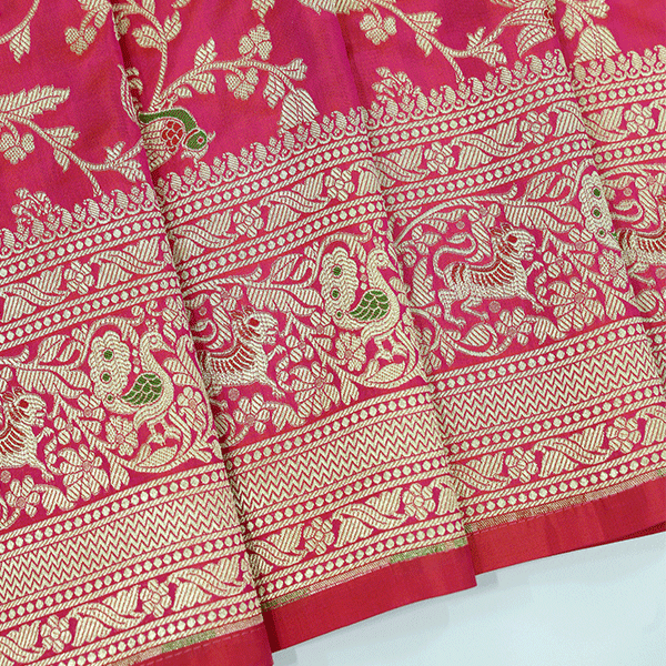 Full flat lay view of the handwoven Pink Azure Shikargah Katan silk saree showcasing its 5.5-meter length and traditional Banarasi craftsmanship.