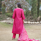 Back view of a pink handwoven Banarasi silk suit featuring gold zari bootas and a matching striped organza tissue dupatta.