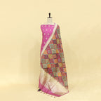 Premium pink unstitched Banarasi silk suit material styled with a colorful digital print border dupatta.