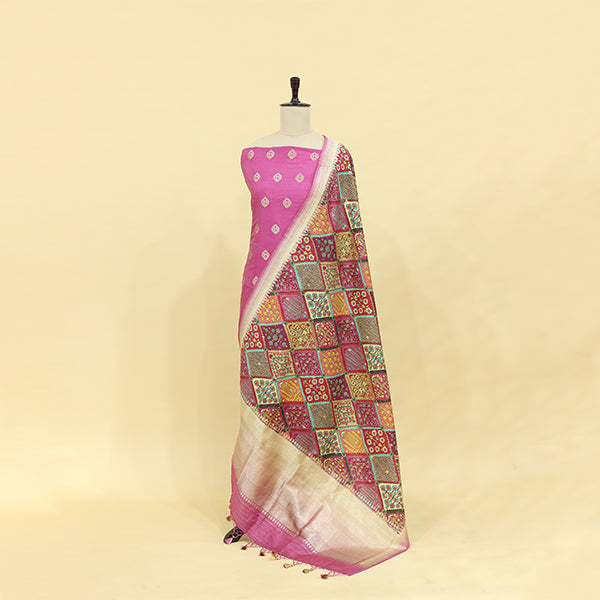 Premium pink unstitched Banarasi silk suit material styled with a colorful digital print border dupatta.