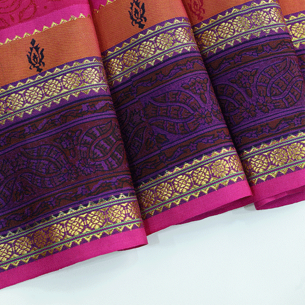 Macro shot of the premium pure Banarasi silk fabric, highlighting the crisp digital print quality and authentic handloom weave structure.
