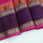 Macro shot of the premium pure Banarasi silk fabric, highlighting the crisp digital print quality and authentic handloom weave structure.