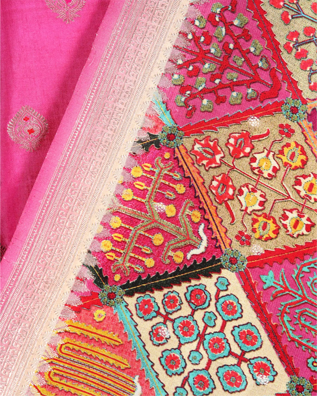Detailed view of the luxurious, lustrous texture and craftsmanship of the premium pure Banarasi silk fabric.