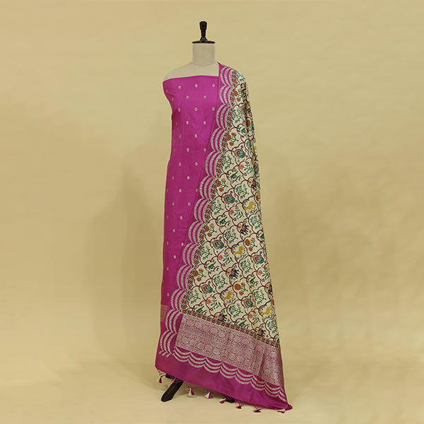 Detailed shot of the premium handwoven magenta pure Banarasi silk kurta fabric highlighting its subtle texture and authentic gold zari work.