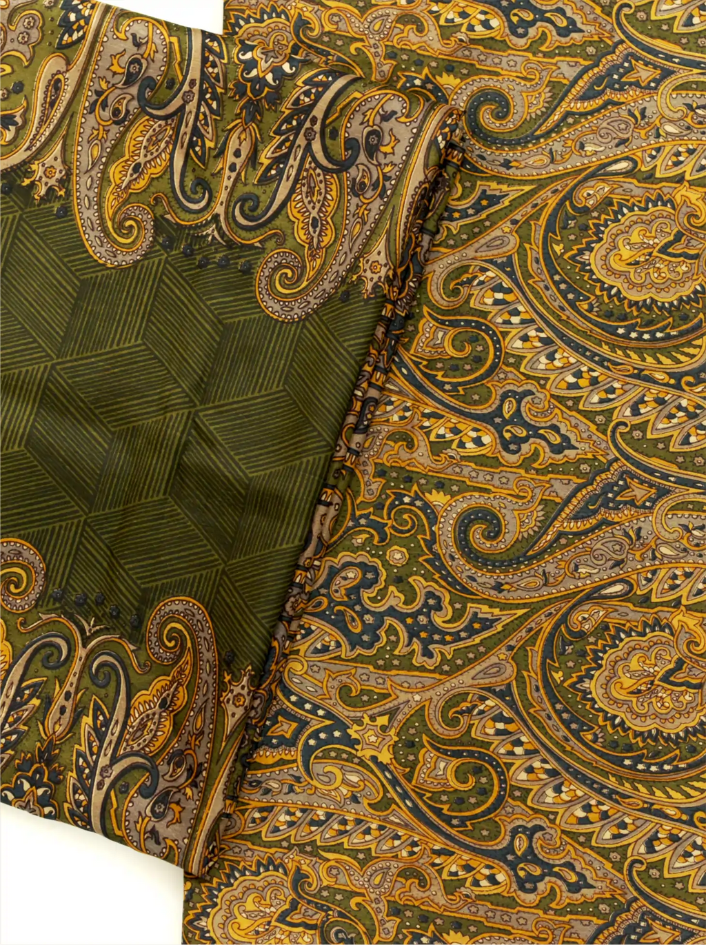 Unstitched Pure Boski Silk Olive Green suit fabric arranged on a display board featuring Kashmiri paisley pattern printed dupatta with decorative border