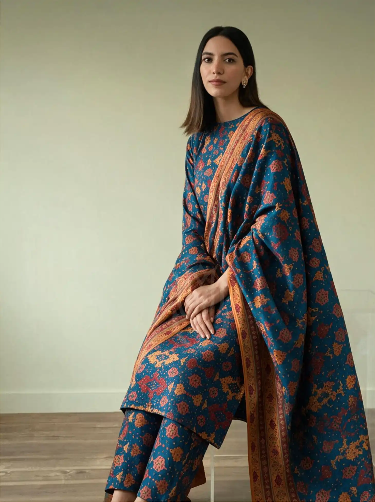 Model seated wearing Pure Boski Silk Teal Blue Suit Set with rust-red geometric mosaic print, matching printed trousers, and draped silk dupatta