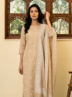 Close-up shot highlighting the intricate white floral motifs and finely detailed borders on the beige Chanderi silk dupatta.
