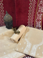 Full flat layout presentation of the unstitched beige Chanderi cotton silk suit ensemble, showcasing the embroidered kurta and matching dupatta layout.