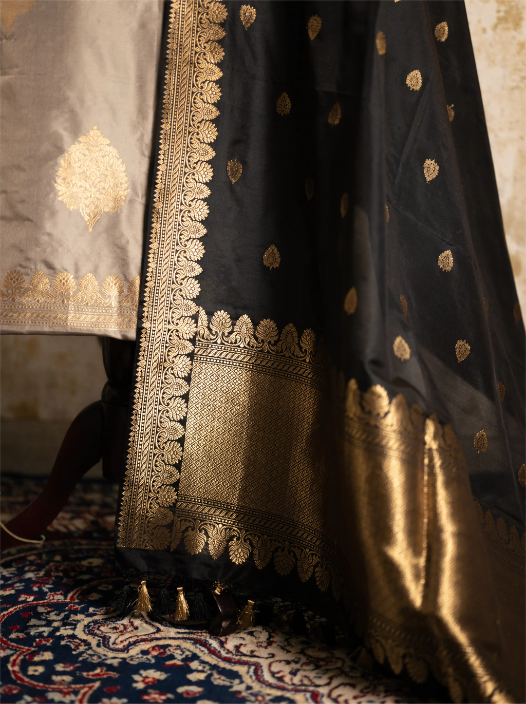 Full view of the elegant Pure Kadwa Katan Silk suit set, showcasing the premium fabric texture and traditional handwoven design.