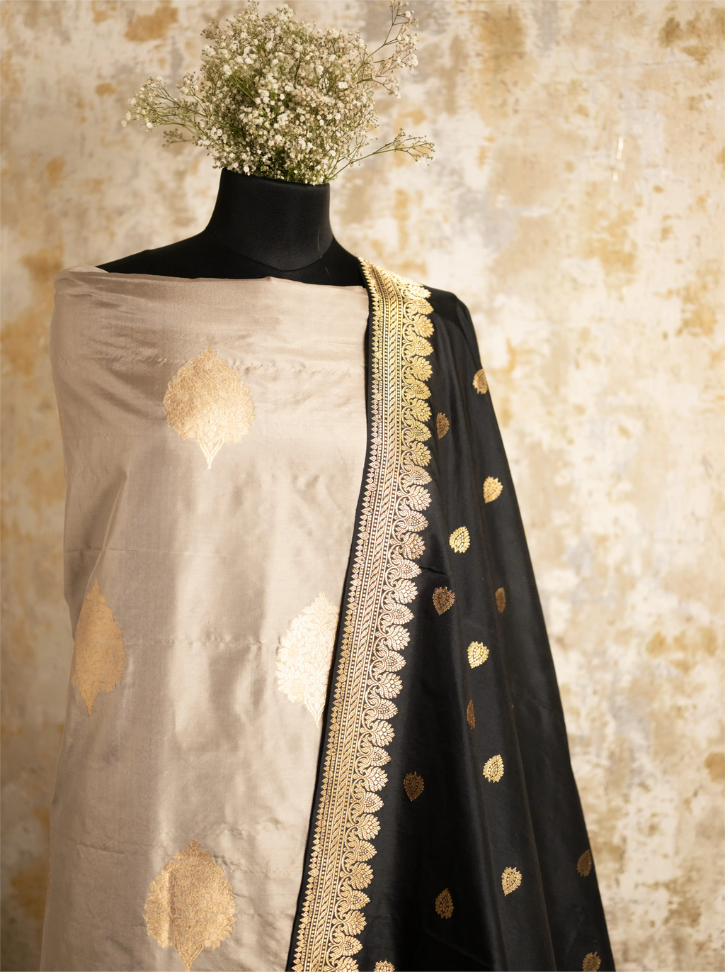 Full view of the elegant Pure Kadwa Katan Silk suit set, showcasing the premium fabric texture and traditional handwoven design.