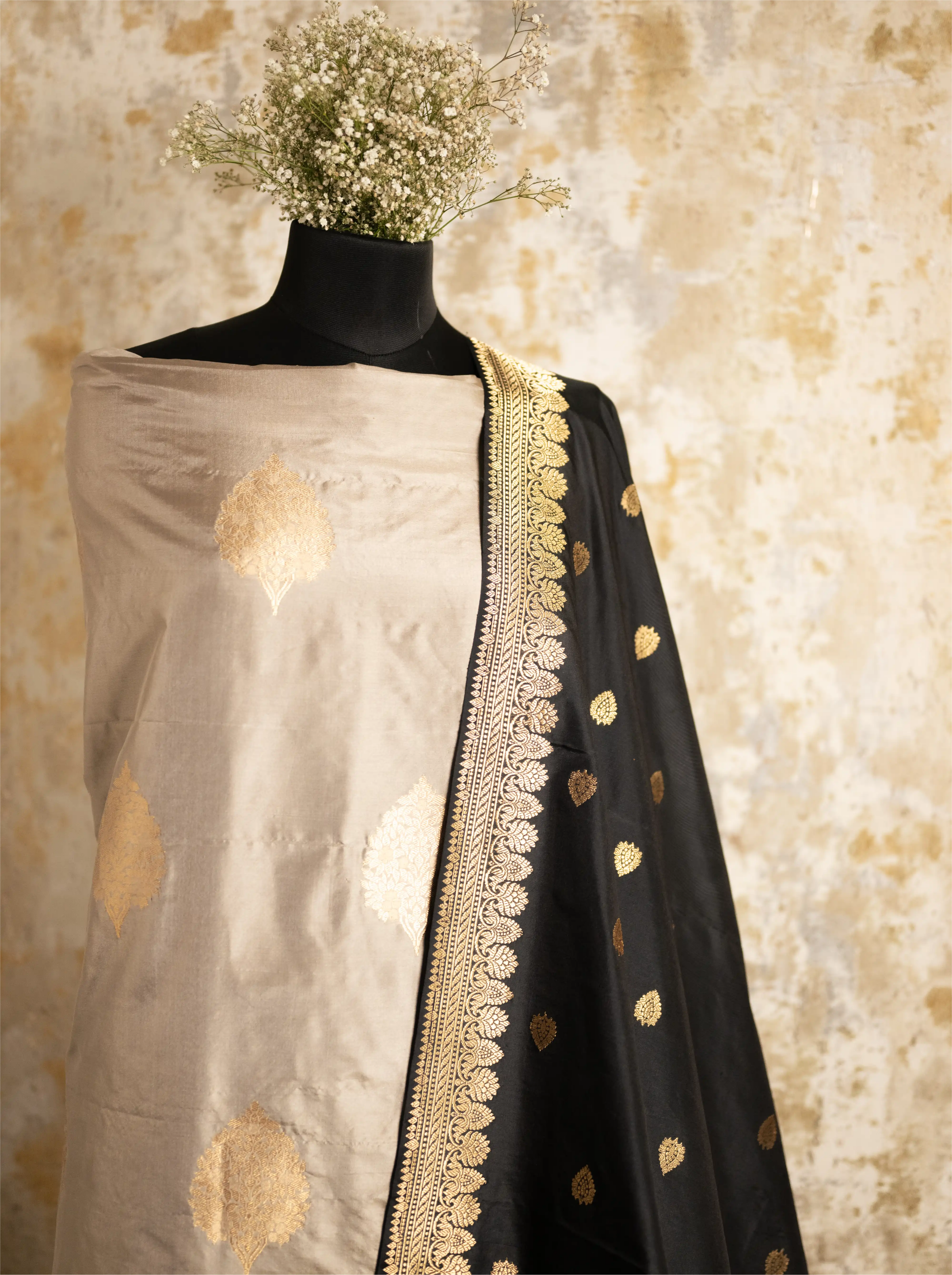 Full view of the elegant Pure Kadwa Katan Silk suit set, showcasing the premium fabric texture and traditional handwoven design.