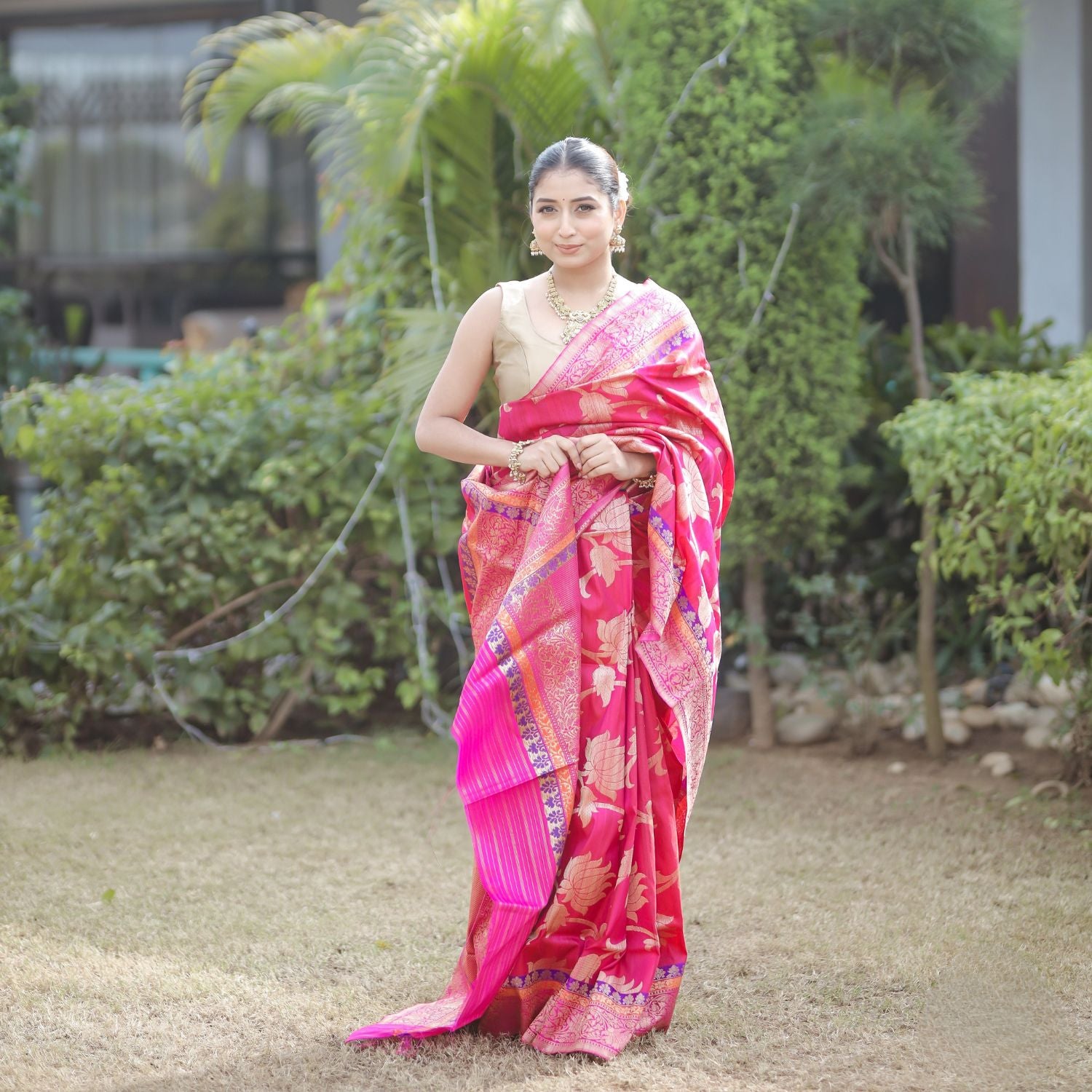 Pure katan silk saree with detailed jaal pattern and elegant ethnic style for women