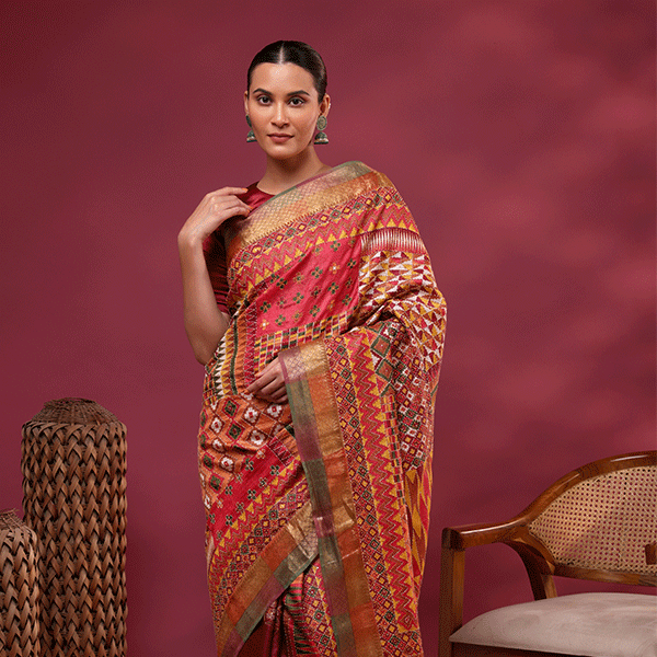A high-resolution close-up showcasing the natural slub texture and authentic weave of pure Tussar silk fabric.
