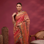 A high-resolution close-up showcasing the natural slub texture and authentic weave of pure Tussar silk fabric.