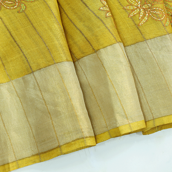 Full display of the Rainbow Elegance pure Tussar silk saree showcasing the beautiful transition from the textured body to the heavy Kantha work border.
