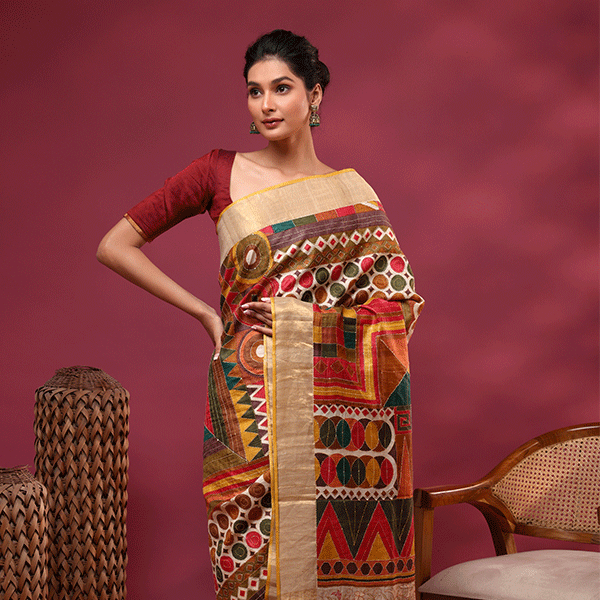 Close-up view of the unstitched Tussar silk blouse piece featuring stripes and a traditional Kantha border.