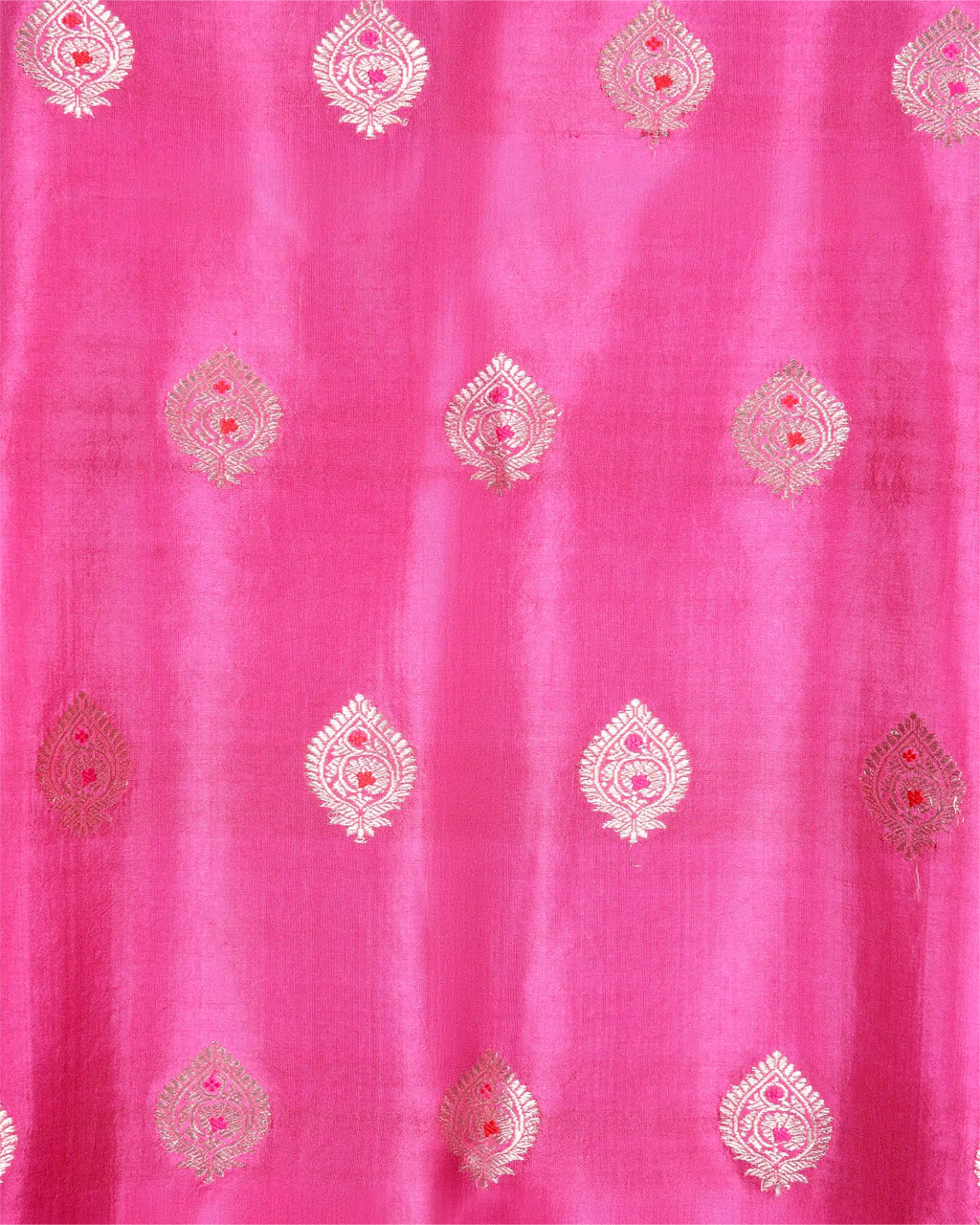 Full-length view of the Rani Pink pure Banarasi silk suit set showing the graceful drape and traditional weaving.