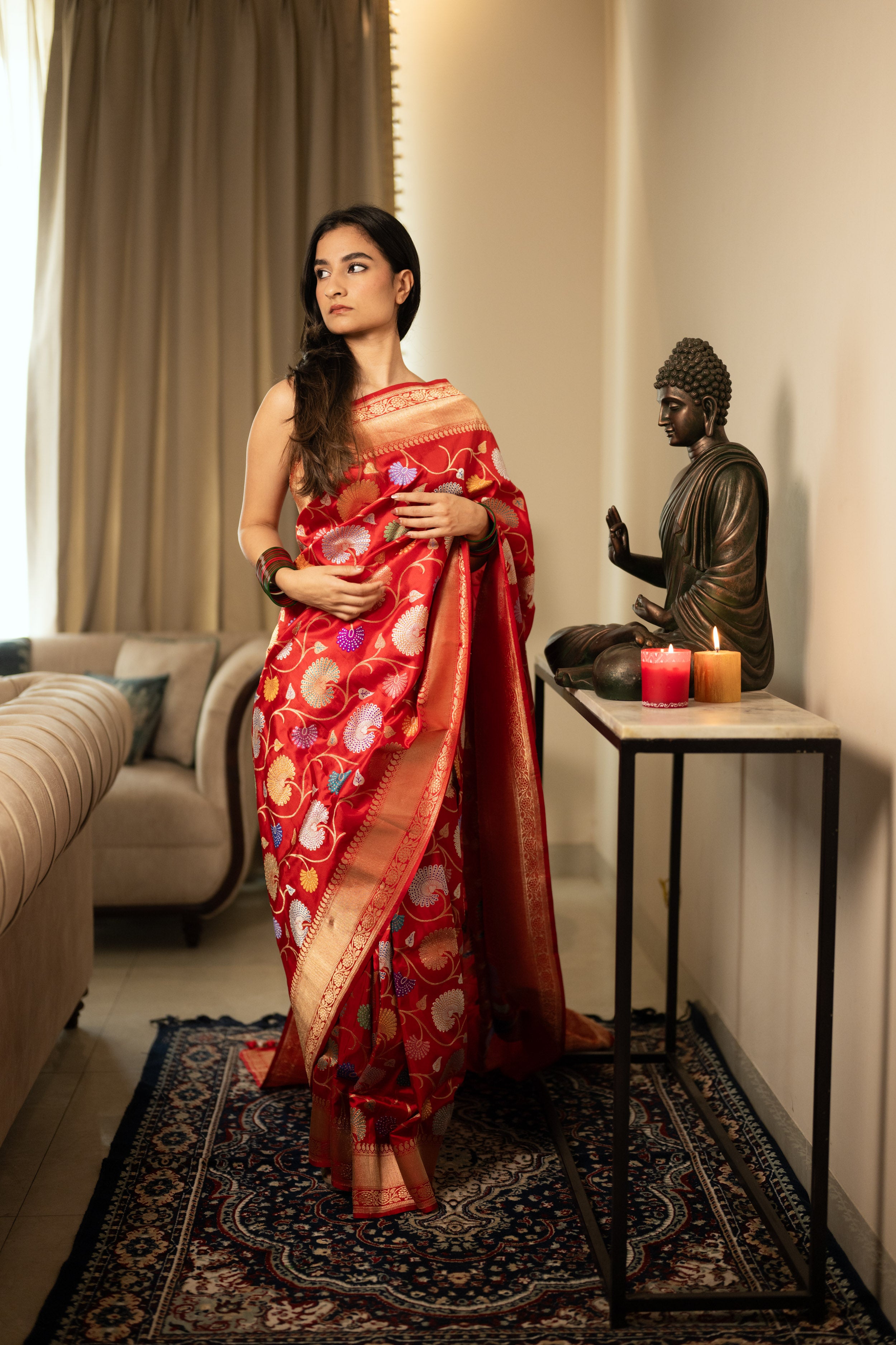 Buy Red Banarasi Silk Saree with Gold Zari Floral Weave