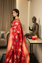 Buy Red Banarasi Silk Saree with Gold Zari Floral Weave