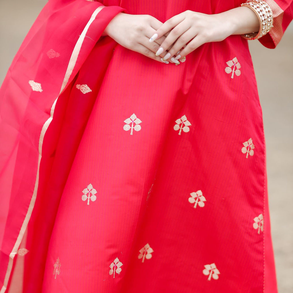 Red Banarasi silk suit perfect for wedding and festive events