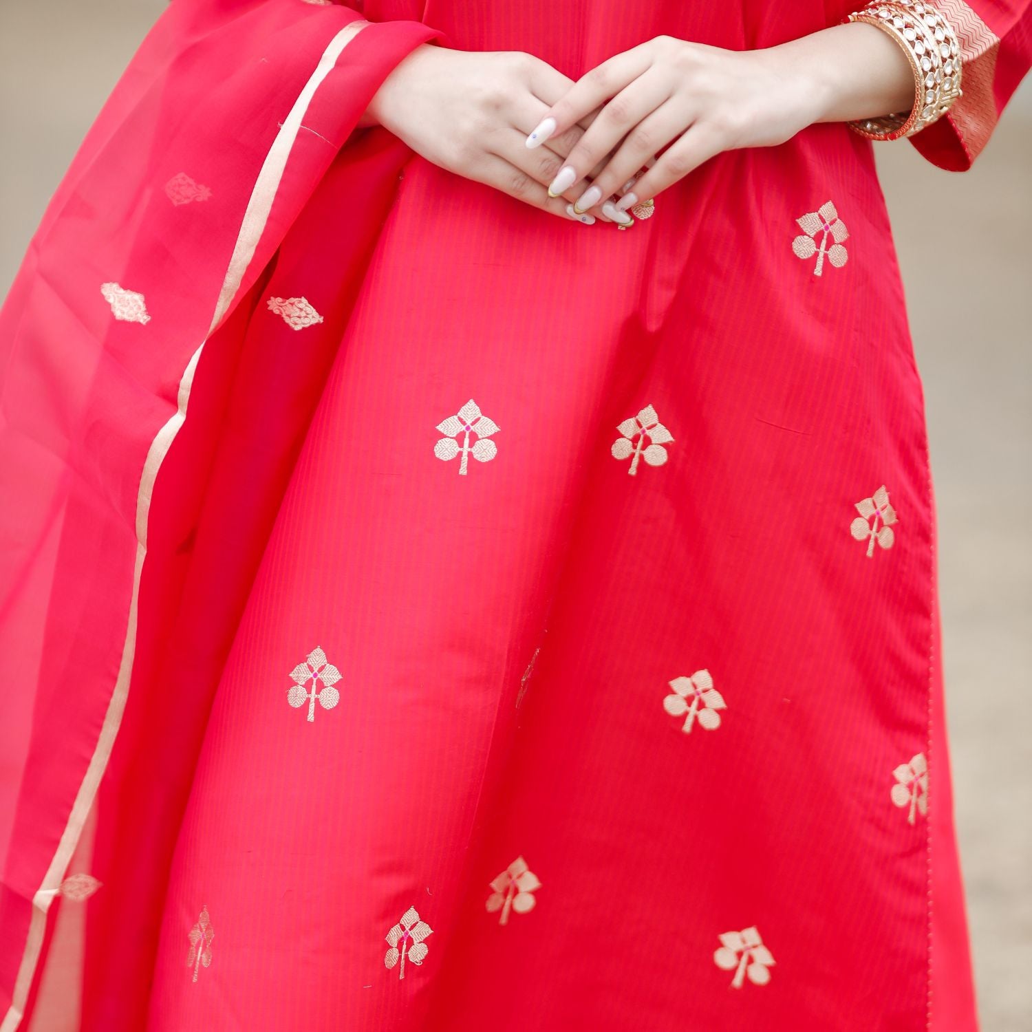 Red Banarasi silk suit perfect for wedding and festive events